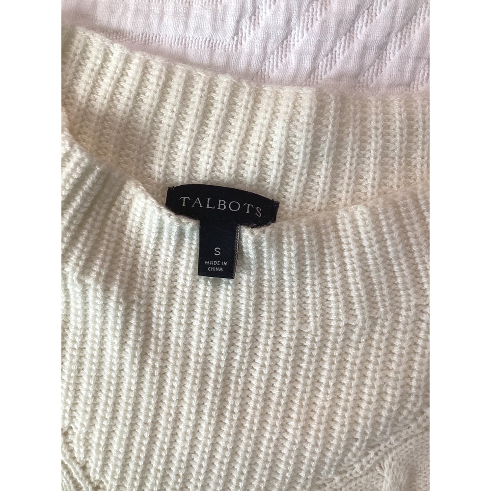 Talbots Ivory Cable Knit Sweater Small Wool Blend Ribbed Pullover Classic Fit - Picture 2 of 6